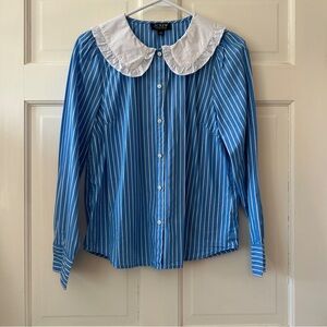 J. Crew Blue and White Striped Shirt with Peter Pan collar organic cotton
